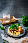 Фалафель с хумусом, листьями салата, сушеными помидорами и каперсами — стоковое фото