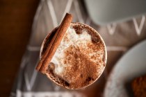 Cappuccino con cacao e bastoncino di cannella — Foto stock