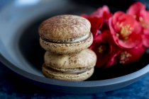 Macarons and flowers in bowl, close up — Stock Photo
