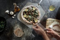 Dinkelmehl-Pizza mit Spinat-Pesto, Knoblauch, Zwiebeln, Pilzen, Rosmarin und Ziegenkäse — Stockfoto