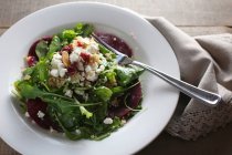 Salada de abúgula com beterraba, queijo de cabra, amêndoas torradas e quinoa — Fotografia de Stock