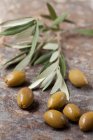 Aceitunas verdes y ramas de olivo - foto de stock