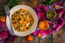 Fried rice with chicken, pepper and pesto sauces — Foto stock