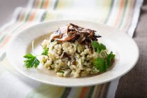 Wild mushroom risotto topped by mix of forest ceps — Stock Photo
