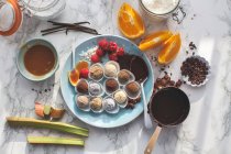 Variedad de trufas con chocolate, coco, frambuesas, caramelo salado y ruibarbo - foto de stock