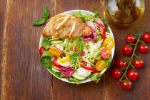 Ensalada fresca con tomates, pollo, pimientos, rábanos y queso mozzarella - foto de stock