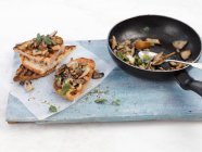 Primo piano di deliziosi funghi sul pane tostato — Foto stock