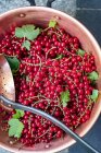 Fresh redcurrants with a draining spoon in a copper pot — Stock Photo