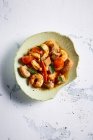 Shrimps salad with bread and tomatoes, top view — Stock Photo