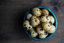 Quail eggs in small bowl, top view — Stock Photo