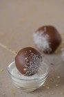 Cakepops with chocolate icing and grated coconut — Foto stock