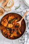 Homemade chicken stew with vegetables and herbs. top view. — Stock Photo