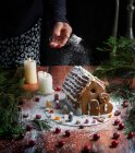 Gingerbread House with icing sugar sprinkling — Stock Photo