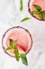 Wassermelonen-Margarita in Gläsern garniert mit frischen Minzblättern und Wassermelonenscheiben — Stockfoto