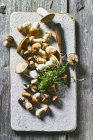 Nahaufnahme von köstlichen frischen Pilzen auf einem Brett — Stockfoto