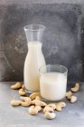 Jug and glass of nut milk and cashews on stone background — Stock Photo