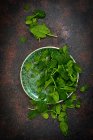 Fresh green spinach leaves in a bowl on a black background. top view. — Stock Photo