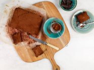 Pastel de chocolate casero con cacao y menta sobre fondo blanco - foto de stock