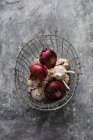 Red onions and garlic in a wire basket — Stock Photo