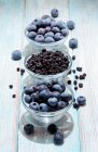 Blueberries: fresh, dried and frozen in glass bowls — Stock Photo