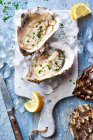 West Mersea oysters with ice, parsley and lemon — Stock Photo