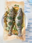 Close-up shot of delicious Fried trout on baking paper — Stock Photo