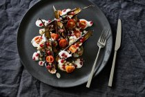 Roasted aubergines, baba ganoush, dried tomatoes, toasted pumpkin seeds, buttermilk sauce and pomegranate — Stock Photo