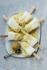 Homemade icecream popstickles with greek yogurt, lemons juice, with honey and almond flakes — Stock Photo