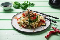 Macarrão asiático com legumes, mizuna e salada misome e pato simulado (pato vegan feito de proteína de trigo) — Fotografia de Stock