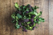 Purple broccoli on wooden table — Photo de stock