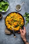 Lenteja roja vegana, garbanzo y calabaza dahl con espinacas en un tazón (India) - foto de stock