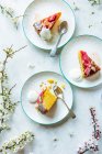 Éponge aux amandes avec rhubarbe rôtie et compote de vanille, tranchée — Photo de stock