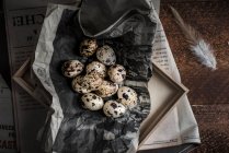Newspaper pages with Quail eggs, frame and feather — Stock Photo