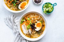 Top view of Japanese noodle soup ramen in white bowl — Stock Photo