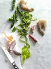 Tagliatelle verde con verduras y gambas en elaboración - foto de stock