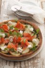 Close-up shot of delicious Smoked trout and potatoes pizza — Stock Photo