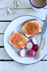 Простий сніданок-сендвіч з сиром, помідорами та редькою — стокове фото