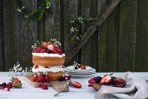 Gâteau de couche du milieu de l'été avec crème fouettée et baies — Photo de stock