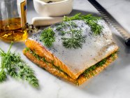 Gravlax with dill close-up view — Stock Photo
