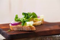 Baguette-Scheiben mit Olivenöl und Salat (Feldsalat, Kresse, Zwiebeln, Eisbergsalat, Einkorn) — Stockfoto