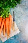 Fresh carrots with a knife — Stock Photo