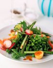 Um prato de salada de primavera em um ajuste de mesa branca — Fotografia de Stock