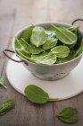 Свіже листя шпинату в друшляку — стокове фото