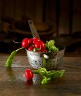 Radishes in and in front of an old kitchen sieve — Stock Photo