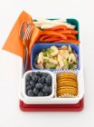 A packed lunch with chicken, vegetables, blueberries and crackers — Stock Photo