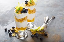 Yoghurt cereal parfait with mango and tropical fruit, layered desserts — Stock Photo
