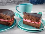 Primer plano de delicioso pastel de frambuesa de chocolate - foto de stock