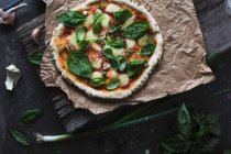 Hausgemachte Pizza mit Tomaten, Bocconcini und Basilikum — Stockfoto
