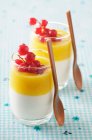 Panna cotta with mango and red currants — Stock Photo