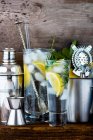 Gin tonic con limone, cubetti di ghiaccio e rosmarino tra vari utensili da bar — Foto stock